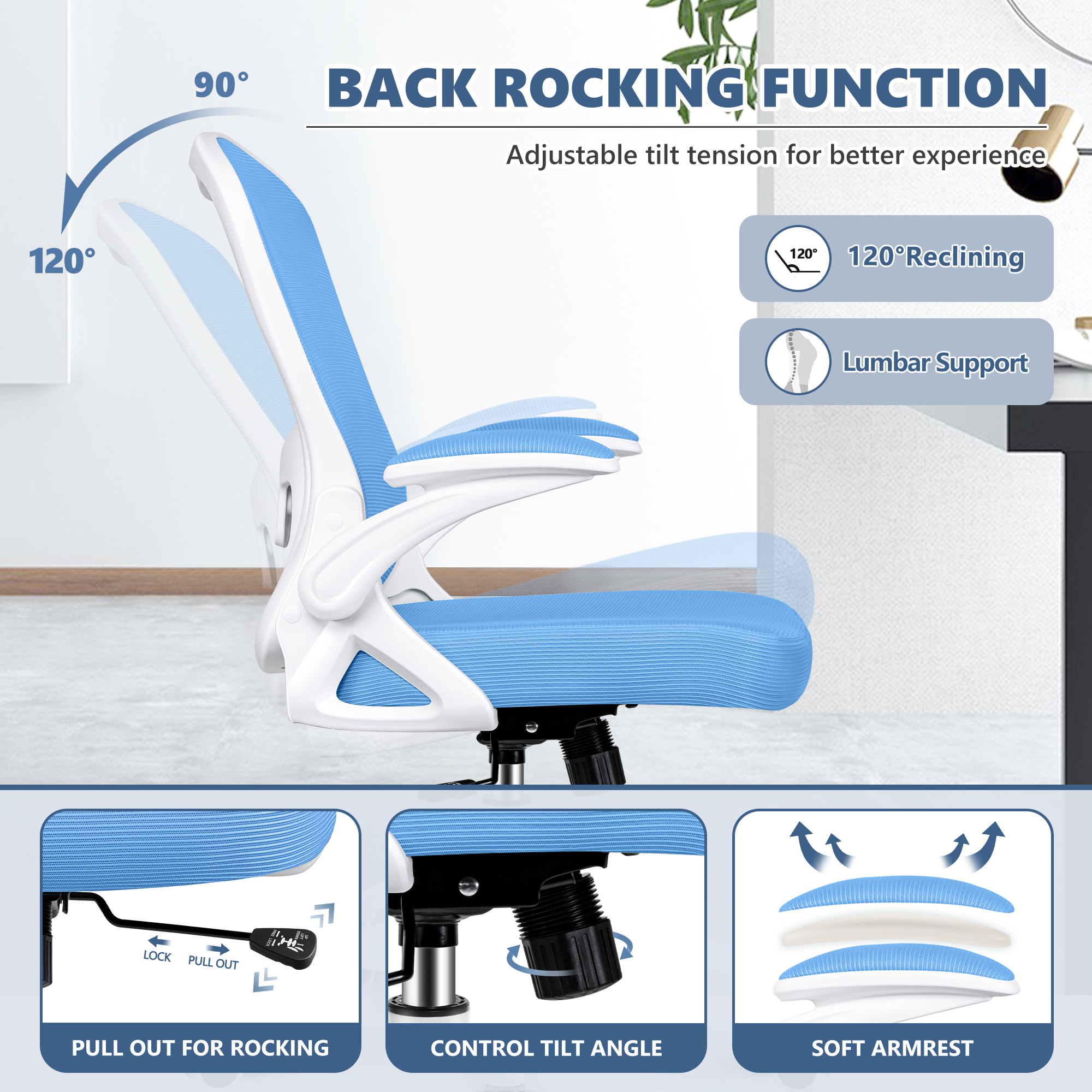 ATHOPE Office Chair, Ergonomic Desk Chair with Flip Up Armrests, Height Adjustable Computer Chair with Lumbar Support, Blue