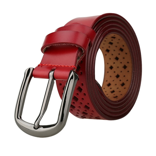 INSPIRE CHIC Unisex Hollow Leather Belts Rectangle Pattern Width 1 1/4' Red 115cm