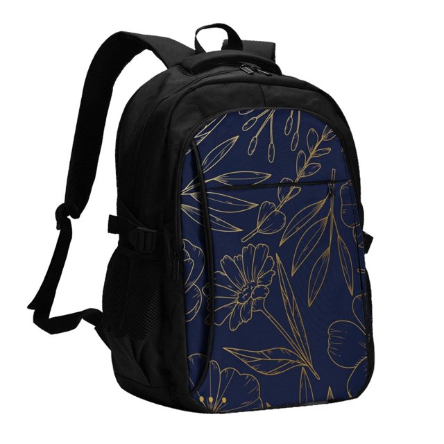 Disketp Copper-Gold Gloss Outline Flower Mochila de Viaje Estampada para Laptop con Puerto de Carga USB, Mochila Impermeable para Computadora – Regalo para Hombres y Mujeres