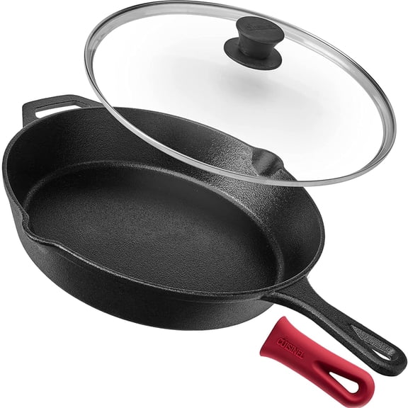 Pre-Seasoned Cast Iron Skillet (12-Inch) with Glass Lid and Handle Cover Oven Safe Cookware