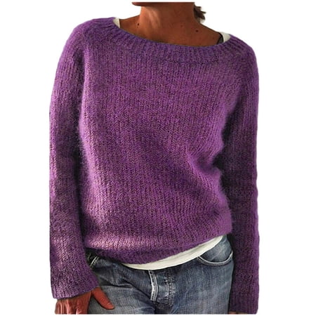 Hpapadks Oversized Sweaters for Women Boat Neck Knitted Sweaters Vintage Long Sleeve Solid Lightweight Pullover Top Womens Sweater Purple M