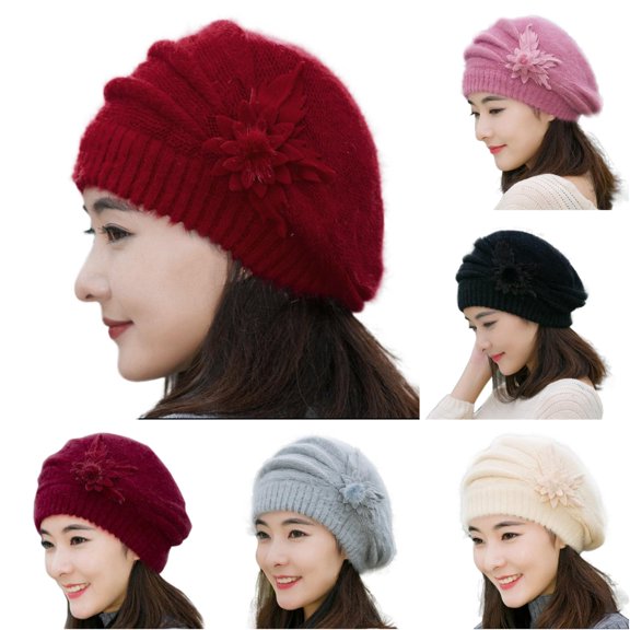 lnmuld Floral Decor Fuzzy Knit Beret Hat Warm Slouchy Beanie Cap for Women Winter Size:One Size