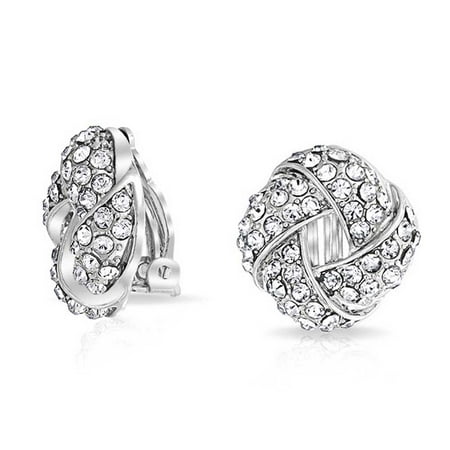 Pearl Vintage Pierced Earrings - Woven White Clear Crystal Love Knot Work Clip On Earrings For Women Non Pierced Ears Silver Plated Brass