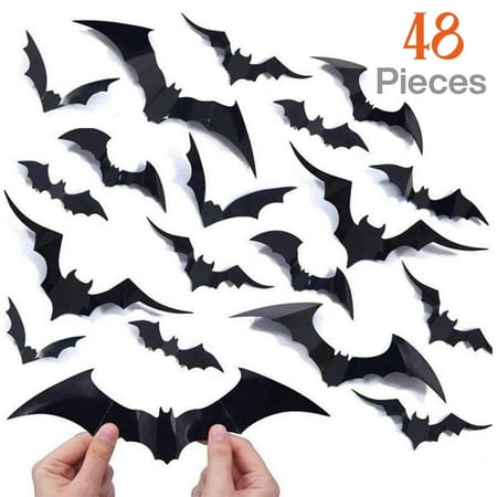 Soochat 48 Pcs Halloween PVC Scary Bats Wall Decal Wall Sticker, 3D Bats Decoration Halloween Home Wall Window Party Supplies