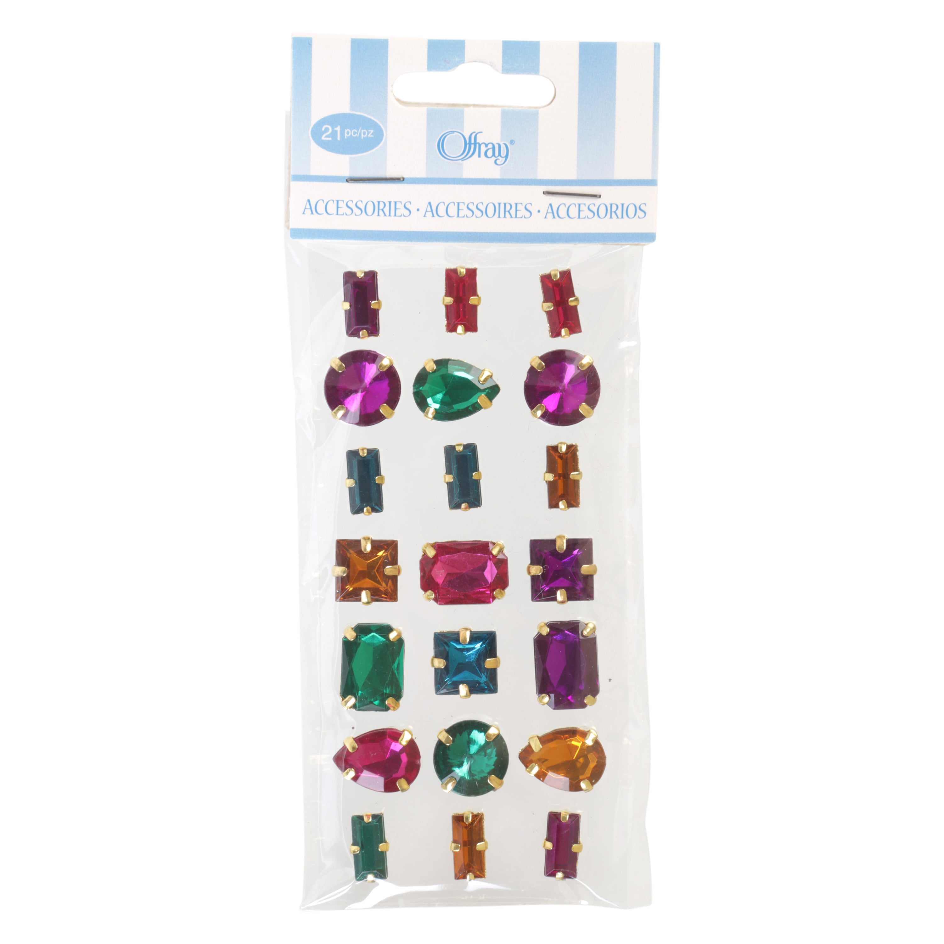 Offray Accessories, Multi-color Adhesive Gems Embellishments, 21 pieces, 1 Package