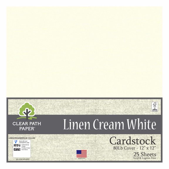 Linen Cream White Cardstock - 12 x 12 inch - 80Lb Cover - 25 Sheets - Clear Path Paper