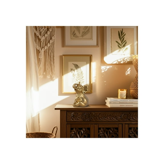 Golden Elephant Figurine - Handcrafted Polyresin Decorative Sculpture - Boho Style Home & Office Accent - 7" Gold