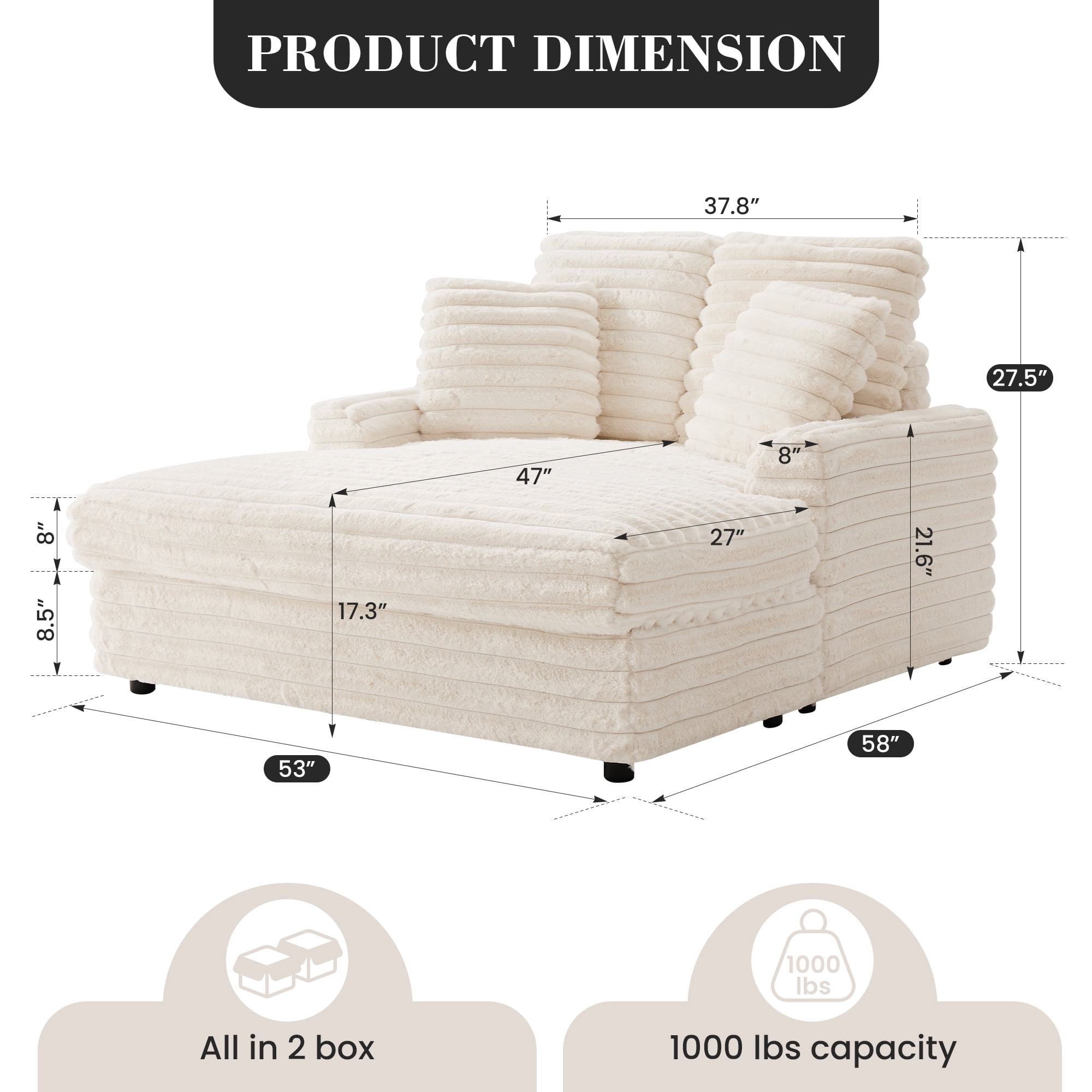 Gelloan Oversized Chaise Lounge Chair Indoor, Upholstered Sofa Bed with Throw Pillows and Armrests, Sleeper Chair for Living Room, Bedroom,White,Corduroy