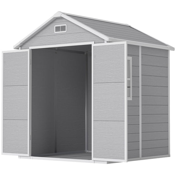 Remise de Rangement Extérieure 6x5 Pi - Remise de Jardin Grise Effet Bois avec Plancher, Fenêtre et Serrure - Idéale pour le Rangement de Patio, Cour et Jardin - Construction en Résine Durable