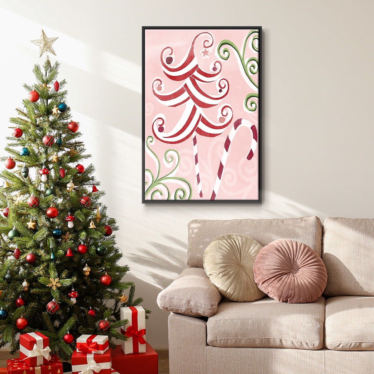 Candy Cane Holiday I - Framed Gallery Wrapped Holiday Canvas - 27 x 41 - Black Frame