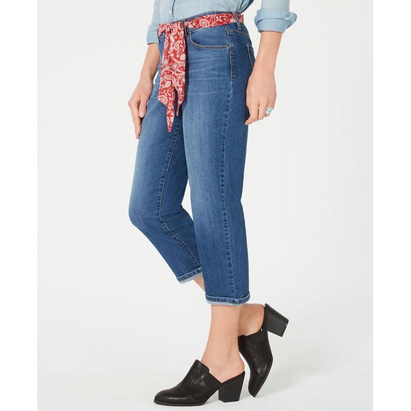 Style & Co Women's Scarf Belt Cuffed Capri Jeans Blue Size 6 Petite