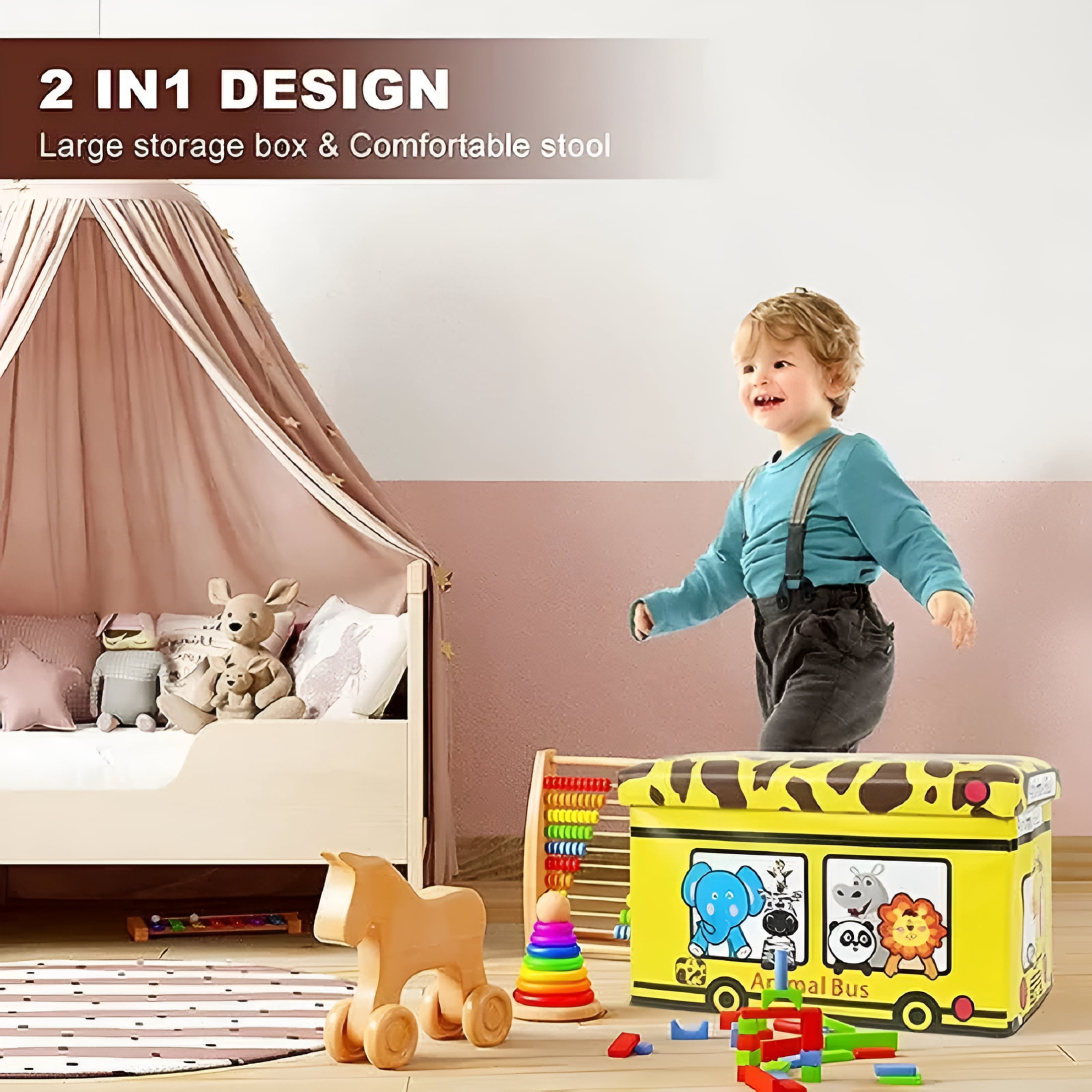 XIBUFE Toy Storage Chest Kids Toy Box, Storage for Kids Toys Children Storage Chest & Bench with Flip Top Lid (Animal Bus)