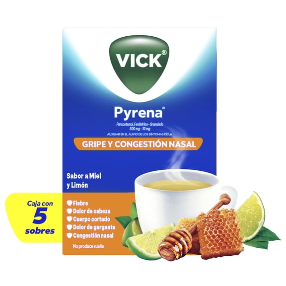 Vick Pyrena Alivio y Confort para los Síntomas de la Gripa 5 Sobres Miel-Limón