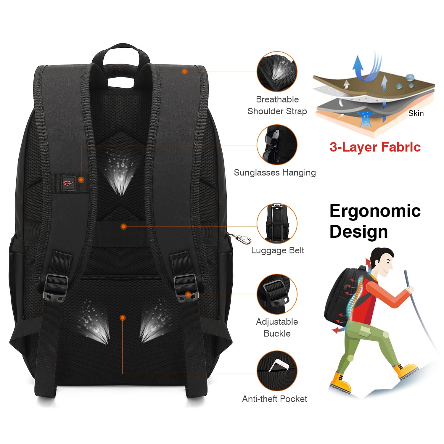Besttravel Travel Backpack, 35L Flight Approved Carry On Laptops Bag, Business Backpack with USB Charging Port, Waterproof Casual Daypack for Women & Men Fits 15.6 Inch Laptop, Black