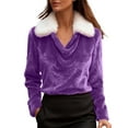 thumbnail image 2 of Women's Color Block Plush Collar Sweatshirt, Oversized Fleece Round Neck Top, Soft Long Sleeve Pullover, No Hood Casual Blouse, Fall Winter Fashion Plush Lined Shirt Dark Purple XXXL, 2 of 4