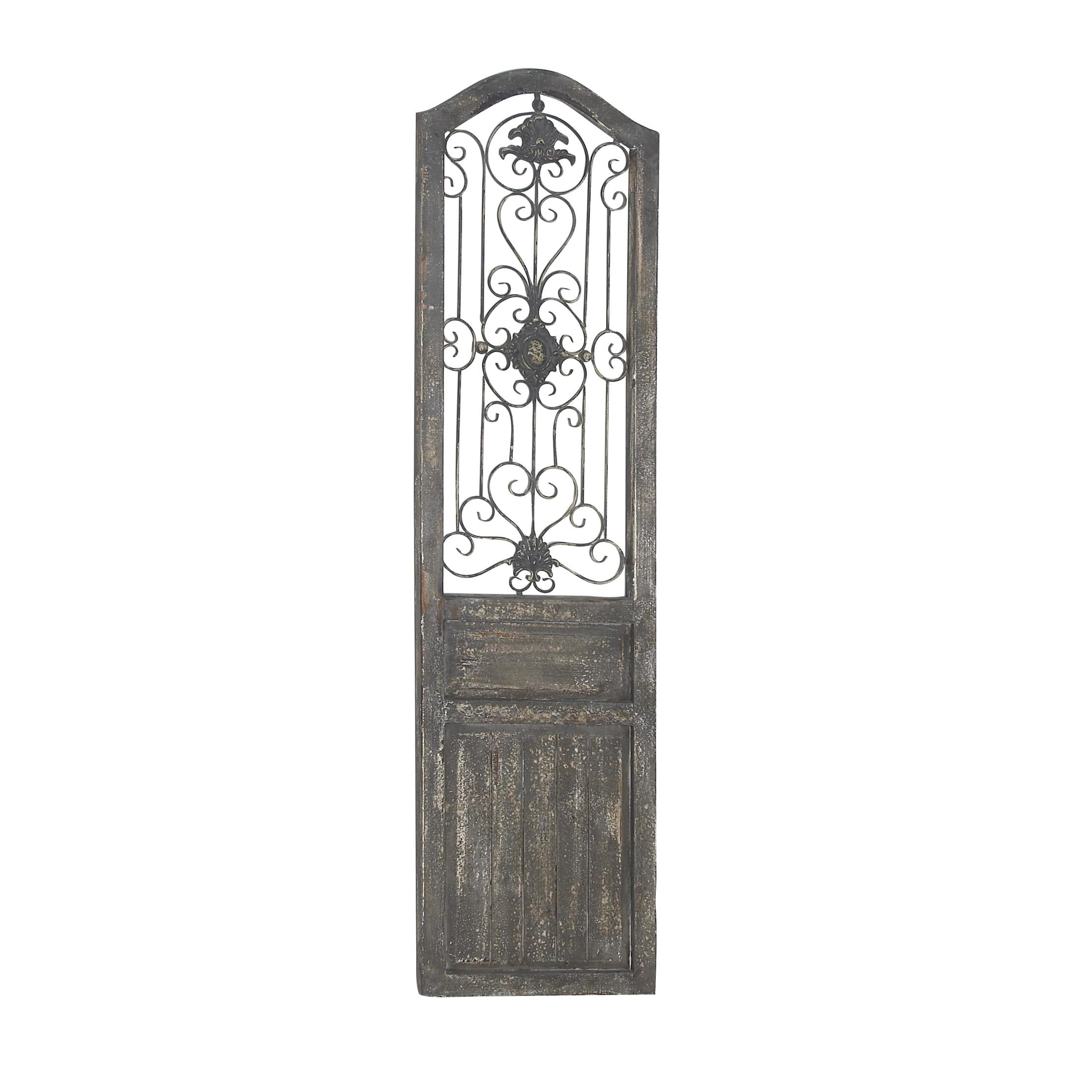 DecMode Brown Wood Distressed Door Panel Scroll Wall Decor with Metal Wire Details