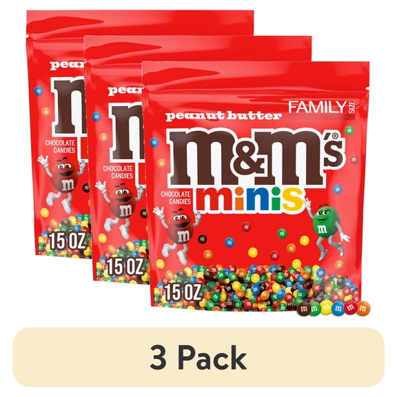 (3 pack) M&M's Minis Peanut Butter Candy, Family Size - 15 oz Bulk Resealable Bag
