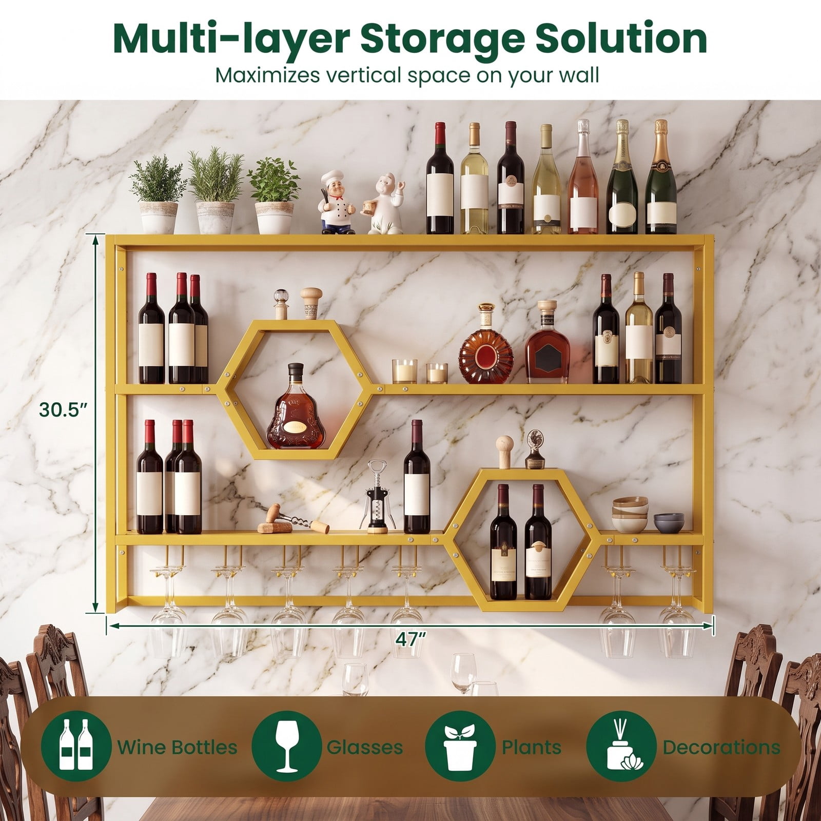 RUIE 47 Inch Wall Mounted Wine Rack, Large Floating Bar Shelf with Stemware Holder, Metal Hanging Wine Bottle Storage Organizer for Kitchen Dining Room Bar, Gold