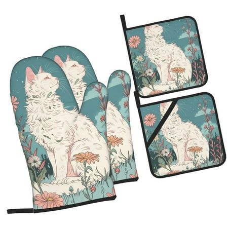 

Haiem Celestial Cat And Flowers Print Extra Long Oven Mitts and Pot Holders 4pc Sets: Heat Resistant Silicone Oven Mittens with Mini Oven Gloves and Hot Pads Potholders