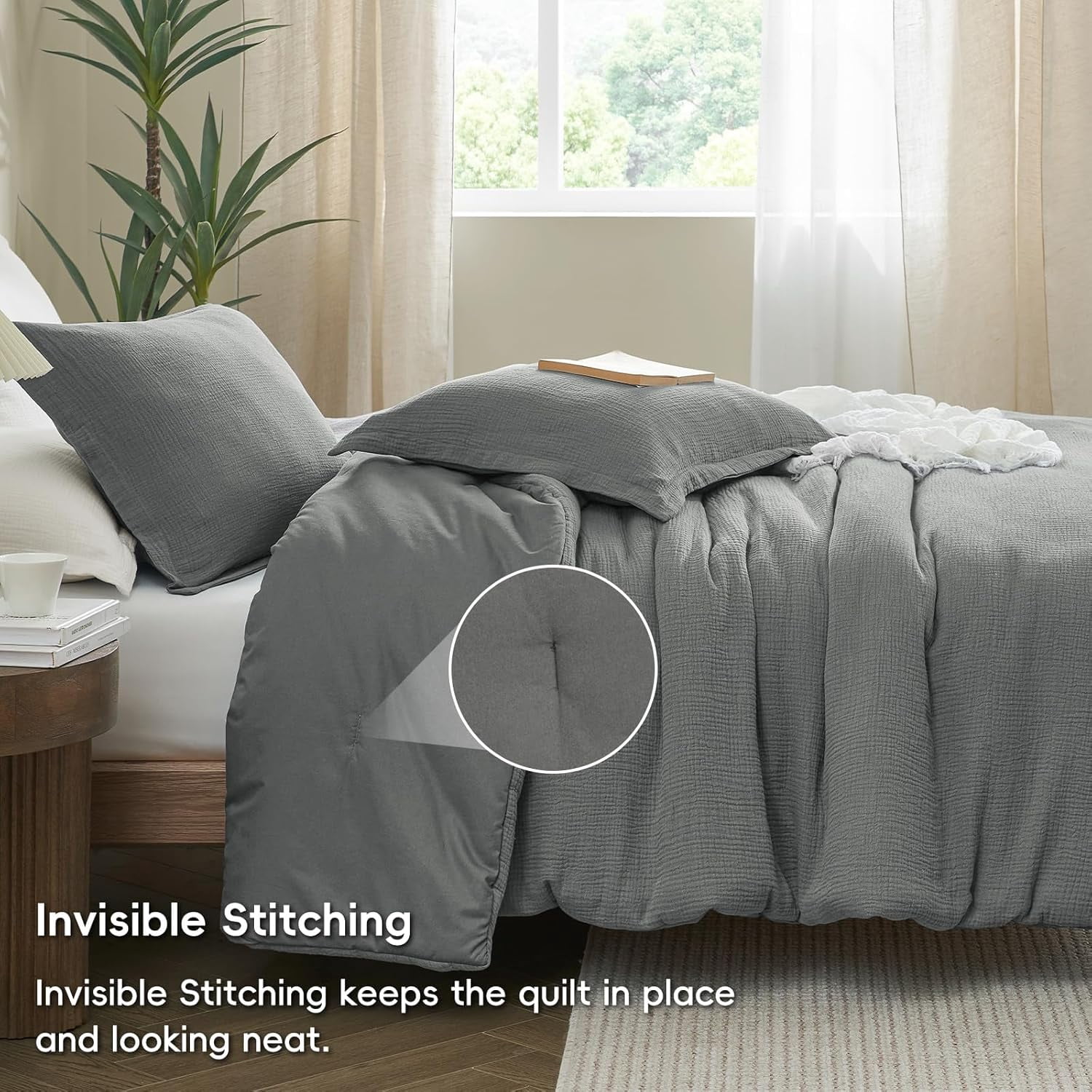 PHF Cotton Muslin Comforter Set King Size, Ultra Soft, Breathable & Lightweight Bedding Set for All Seasons, 1 Comfy Comforter 104"x90", 2 Pillow Shams 20"x36", Grey