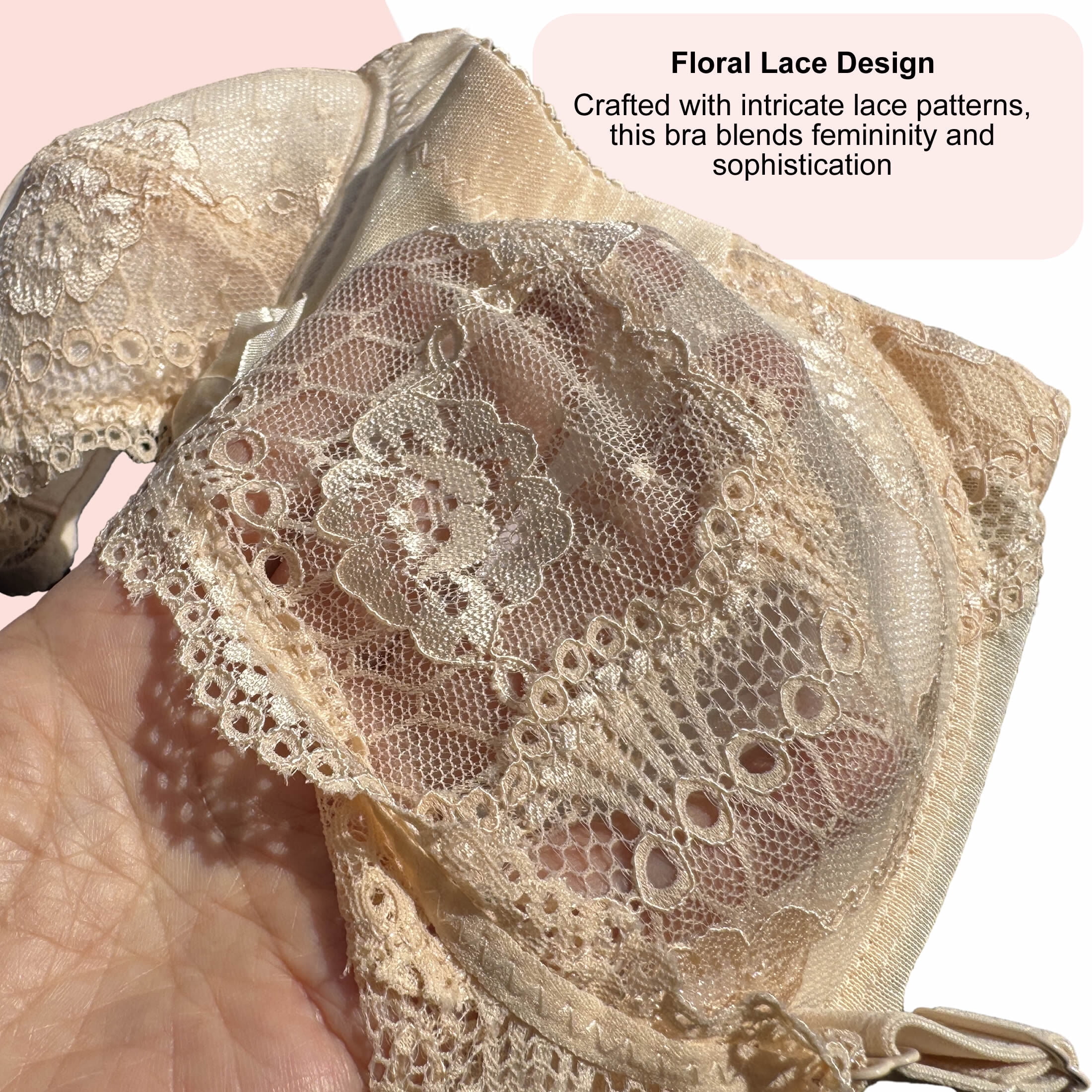 BIMEI Women’s Lace Pocket Bra for Breast Forms | Mastectomy Prosthesis Bra with Underwire & Sheer Lace | Ideal for Silicone Breast Forms, Beige, 36