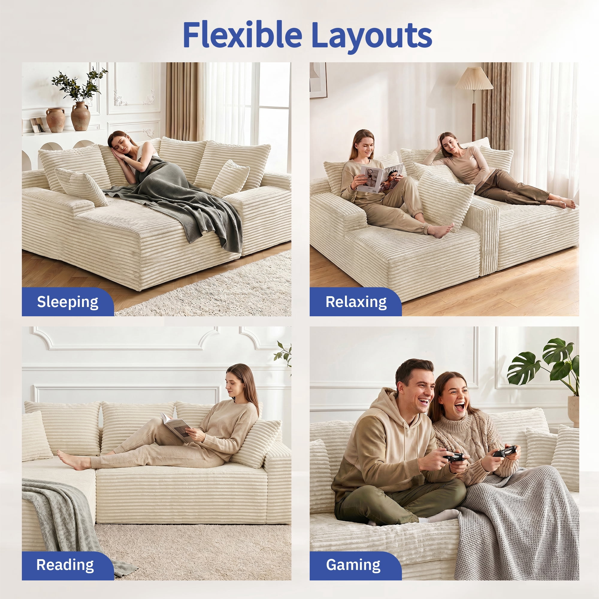 Leumius 95" Boneless Modular Sectional Sofa with Chaise,L-Shaped Comfy Corduroy Couch with Deep Seat,Upholstered Sectional Couch for Living Room, No Assembly,Beige