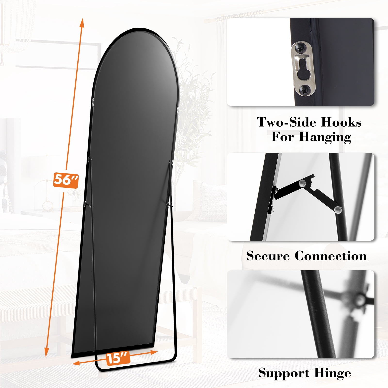 Gianna 56"x15" Arched Full-Length Mirror with Aluminum Alloy Frame, Standing Design for Bedroom, Black