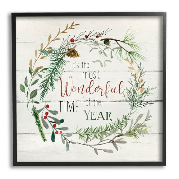 Stupell Industries Most Wonderful Time of Year Wreath Graphic Art Black Framed Art Print Wall Art, Design by Carol Robinson