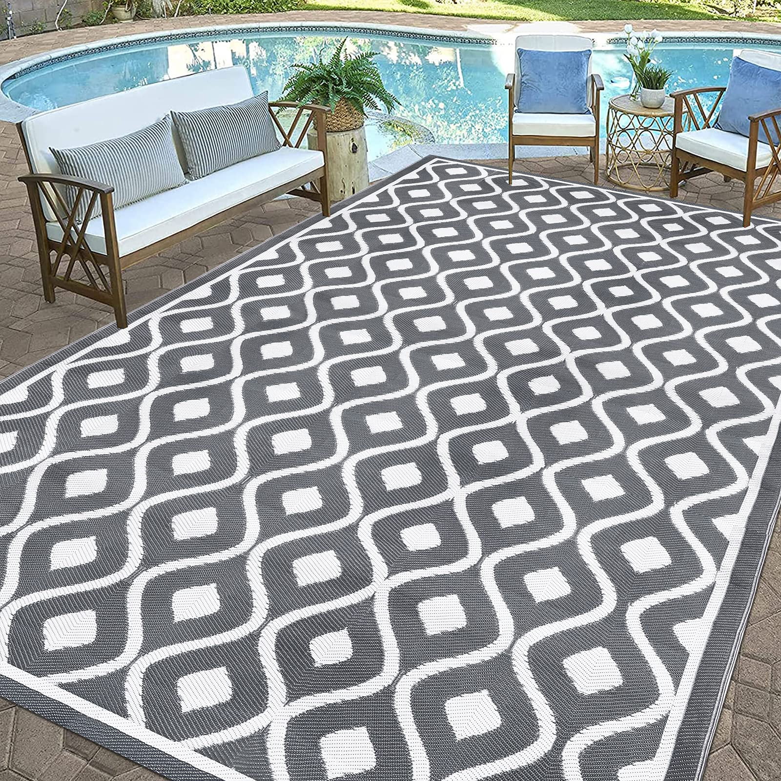 Findosom 8'x10' Large Outdoor Rug Waterproof Patio Rug RV Outdoor Mat Reversible Plastic Straw Area Rug Mat Camping Rugs Floor Mat for Outdoors, RV, Patio, Backyard, Deck, Picnic, Beach, Trailer Gray