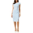 thumbnail image 1 of Vestido elegante de tweed para mujer, estilo chic, con cuello redondo, mangas cortas, vestido bodycon midi en azul claro, talla S, 1 of 6