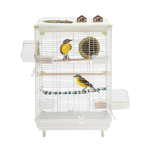 30" H 2 Tiers Wrought Iron Bird Cage, Parakeet Cage with Roof Ladder Nest White