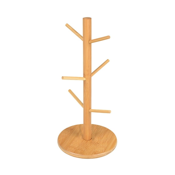 Soporte de madera para tazas de café St con 6 ganchos para tazas, vasos y copas. Estante de almacenamiento de cocina color caqui para secar, exhibir y organizar tazas. Ahorra espacio en el hogar y la