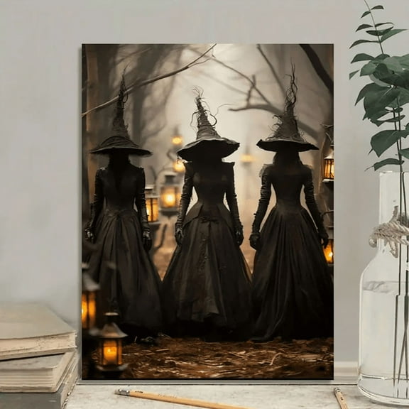 Three Witches in Vintage Forest Poster & Canvas Art, Halloween Wall Decor
