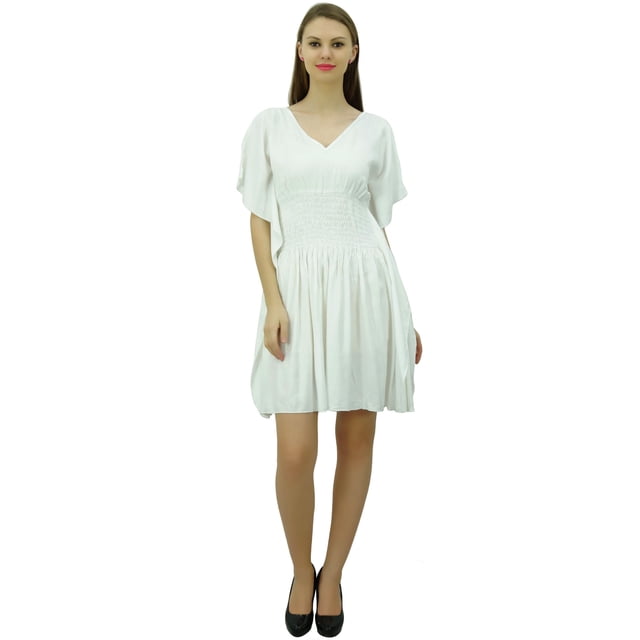 Bimba Kaftan Court en Rayonne pour Femmes Manches Kimono Taille Smockée Couverture d'Été Plage
