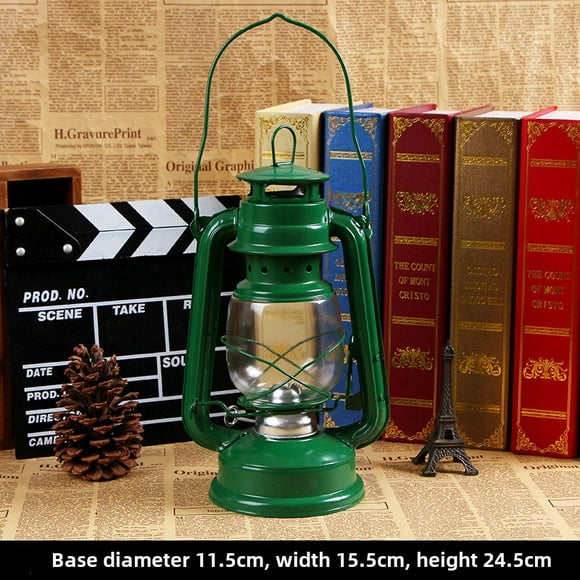 Green Retro Iron Glass Kerosene Lantern - Portable Vintage Decorative Lamp with Shade for Outdoor Camping, Nostalgic Home Decor & Prop, Durable Classic Design