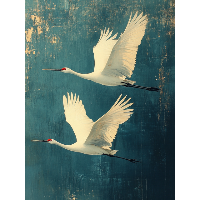 Qisvanset 12x16 Inch Flying White Crane Canvas Wall Art, Vintage Oil Painting Majestic Bird Blue Background Decor