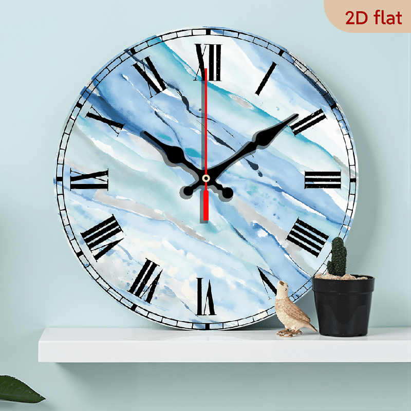 2D Flat 1pc 10Inch Wooden Blue Silver Spring I Wall Art Design Modern Contemporary Circle Wall Decorative Clock - Home Decorations for Home, Living Room, Bedroom, Office Decoration Round Wooden Wall