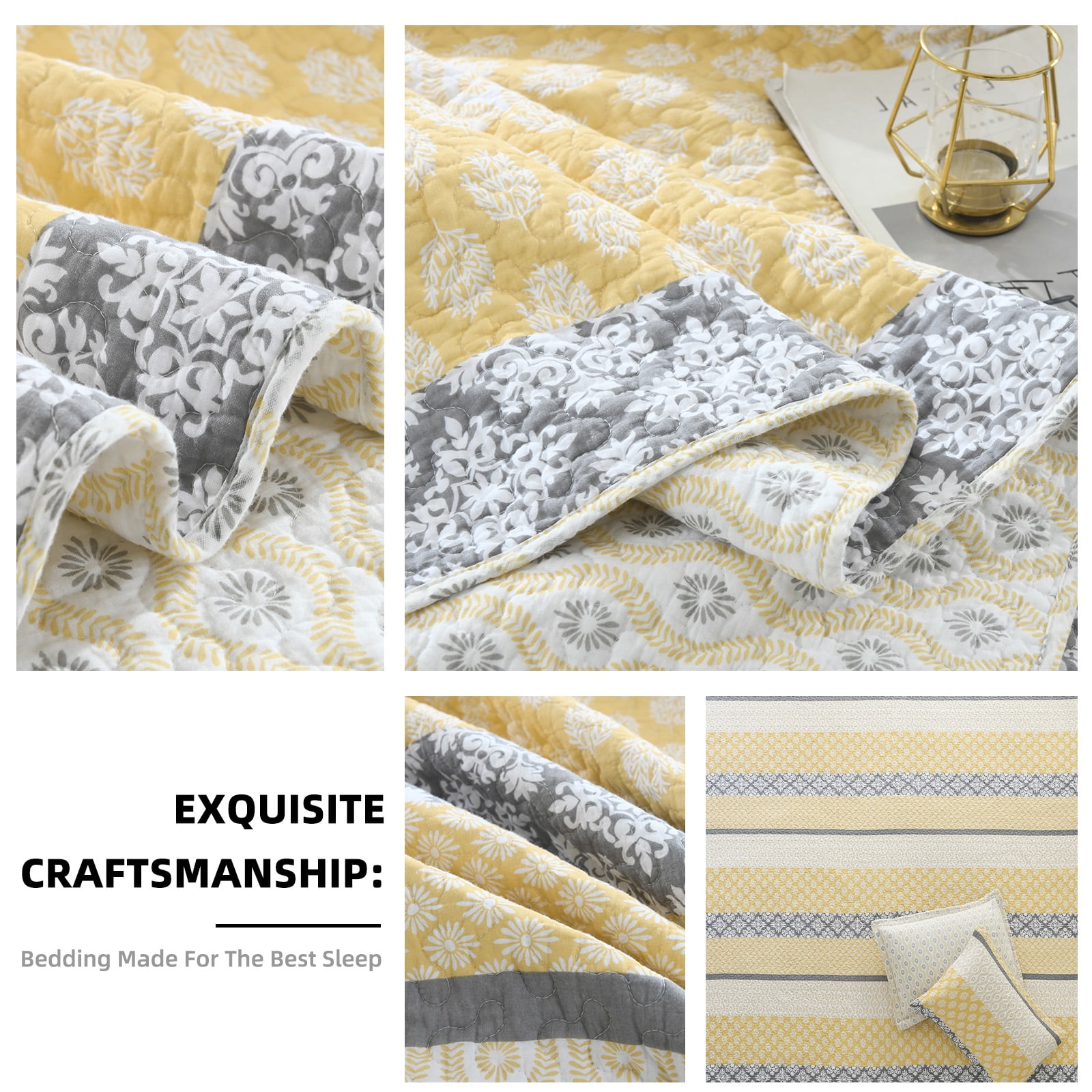 PANGUSHAN 100% Cotton Yellow Quilt King Size, King Quilt Bedding Set Quilted Bedspreads, Lightweight Reversible Floral Comforter for King Bed, All Season, Yellow/Gray, 3 Pieces