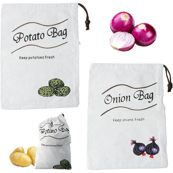 TRAHOO-2 Pieces Vegetable Bag, Versatile Potato Bag & Onion Bag, Portable Food Vegetable Storage Bag, with Drawstring Closure Potato Storage Bag, for Potatoes, Garlic, Onions, Carrots 26x36 CM