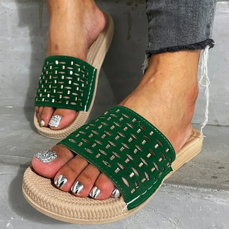 

Christmas Women s Ladies Flat Rhinestone Hollow Slip On Beach Slippers Shoes
