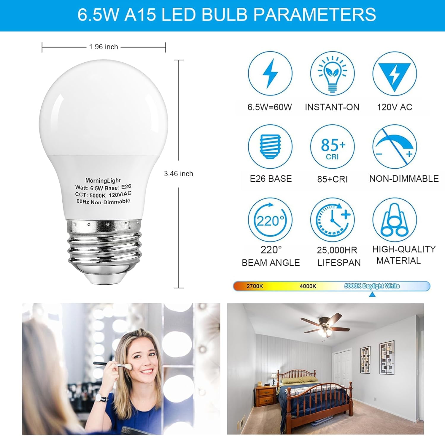 SHAANXIXIAN 4 Pack A15 Light Bulbs 60 Watt Equivalent, 5000K Daylight LED Light Bulb, Non-Dimmable, 600 Lumens, E26 Base, A15 6.5W LED Light Bulbs 60 Watt for Ceiling Fan, Enclosed Fixture