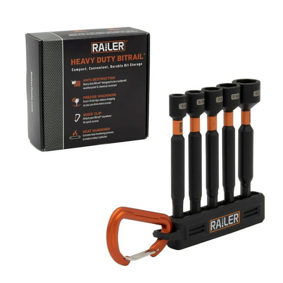 Railer Nut Driver Set - Premium S2 Steel 4 Inch 5-Piece Nutsetter Bit Set With A Storage Bit Holder & Carabiner