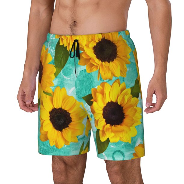 Balery Sunflowers With Green Leaves Bañador para hombre, shorts de playa de secado rápido con entrepierna y forro de compresión-Large