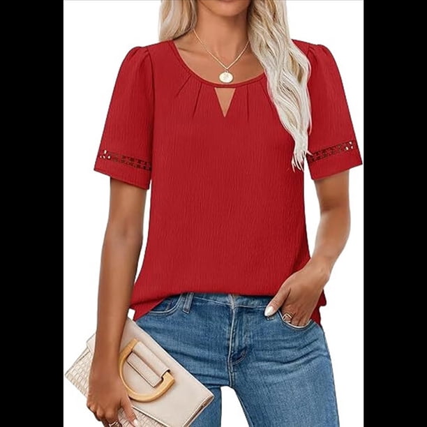Camisa Elegante de Corta con Encaje de Color Liso y Mangas Huecas para Mujer, Color Rojo L