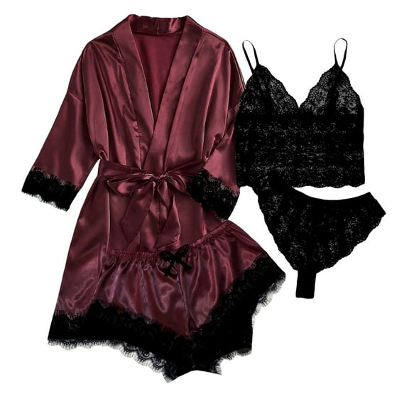 XINXIAOO Silk Pajamas For Women Set 4 Piece Satin Sleepwear Classic Button Down Short Sleeve Pj Set Cute Loungewear Pajama Shorts Womens Set Women Pajama Tee Sleepwear Tops for Women Sleepwear for