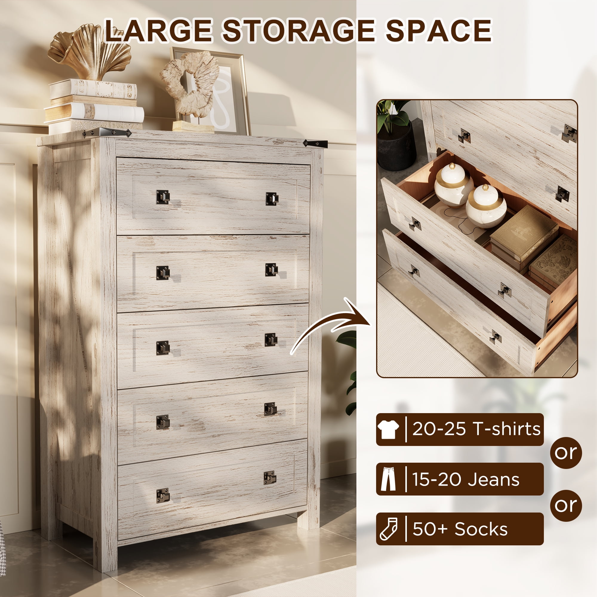 Keywhat Farmhouse 5 Drawer Dresser for Bedroom, Chest of Drawers Wood Organizer for Living Room, Antique Brush White