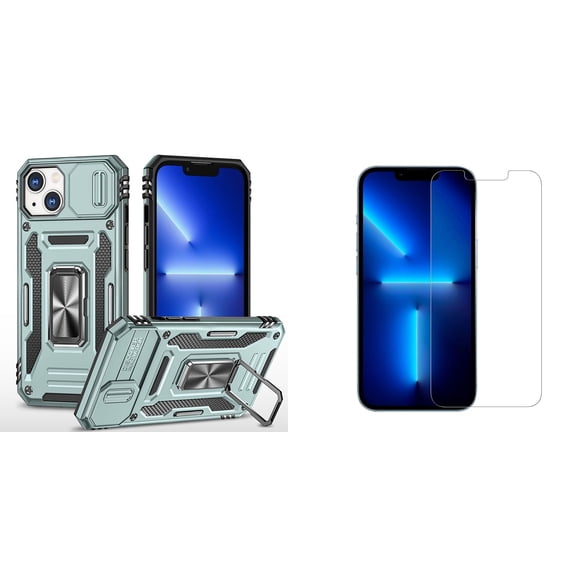 Bemz Hybrid Armor Case for iPhone 14 Plus (Rugged Protector with Camera Protection Cover and Rotating Ring Stand) with (2-Pack) Tempered Glass Screen Protectors - Alpine Green