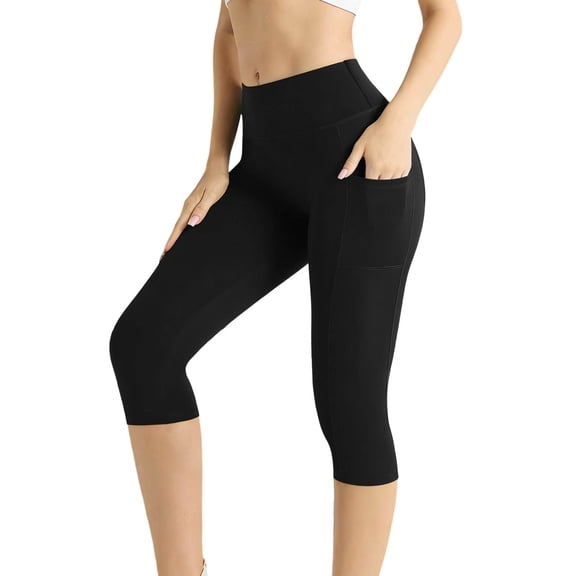 Capri Leggings for Women Casual Yoga Cropped Pants with Pockets Tummy Control High Waist Capris Solid Straight Trousers