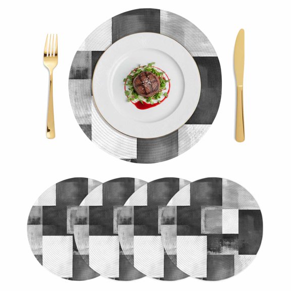 Grey Geometric Round 13 Inch Placemats Set of 4, Vintage Oil Painting Contemporary HeatResistant Non Slip Place Mats for Dining Table, Wipeable Braided Kitchen Table Mats for Housewarming