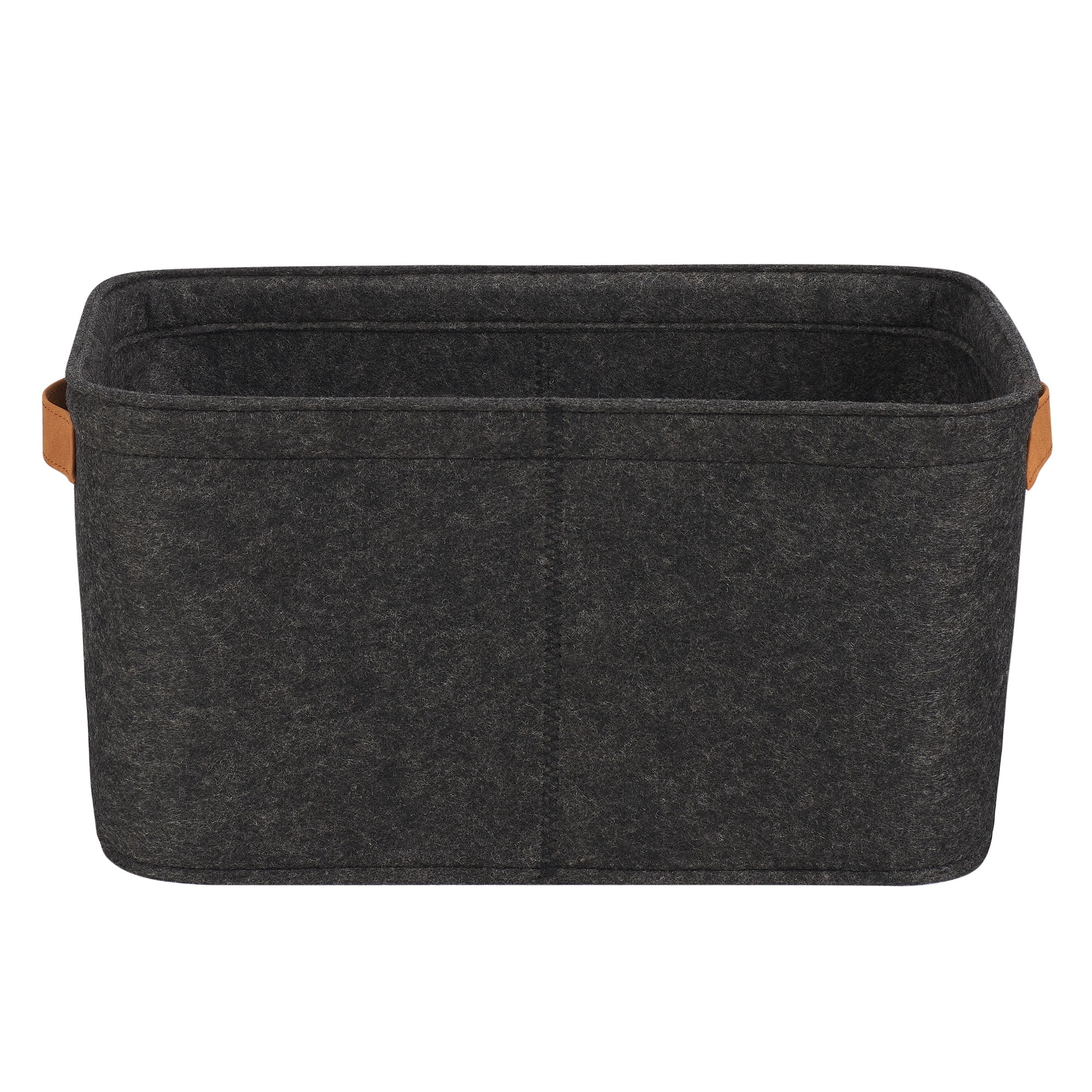 (3 pack) Mainstays Medium Gray Felt Decorative Storage Basket with Faux Leather Handles, 15 in x 11.02 in x 7.87 in